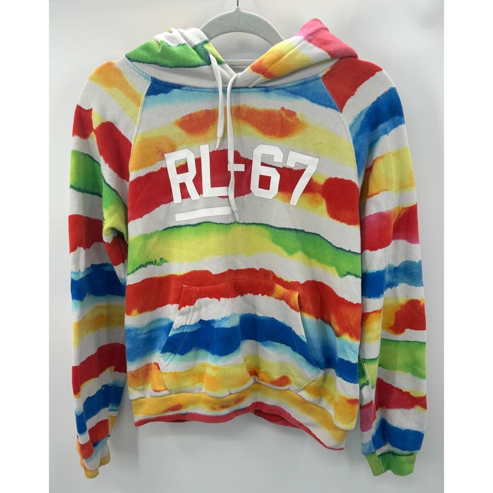 Polo Ralph Lauren RL 67 Watercolor Rainbow Striped Hoodie Sweatshirt Top Women L